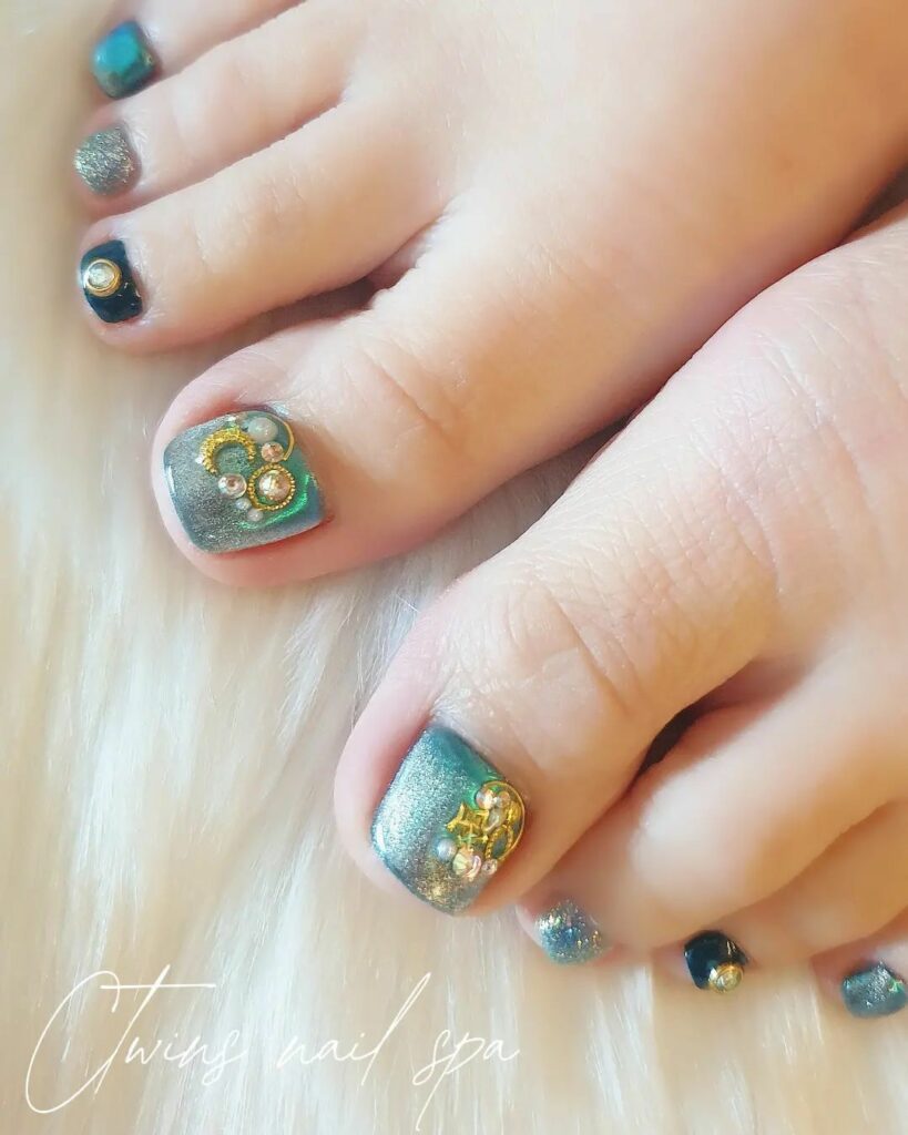 Gold Glitters On Blue Color Pedicure