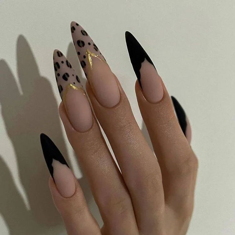 Black Stiletto Nails with Nude Curls