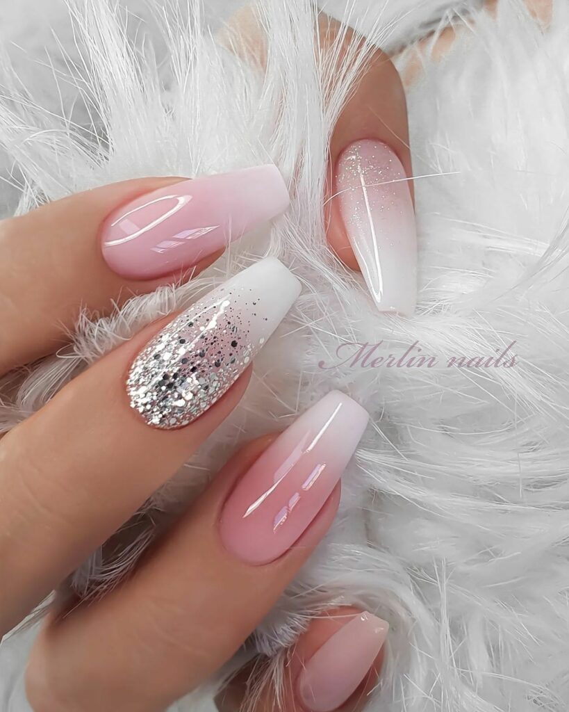 White Ombré Nails with Glitters