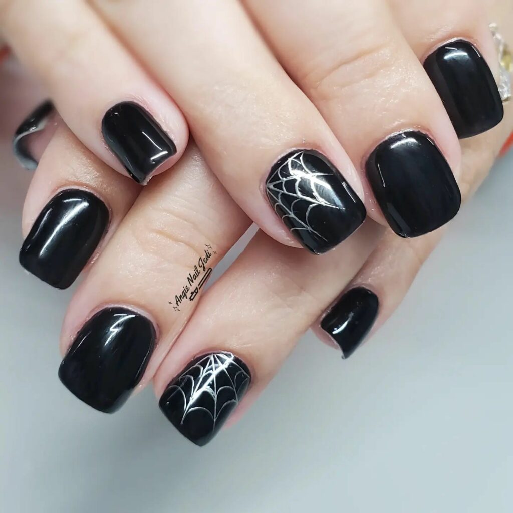 Black Short Nail With Spider Web
