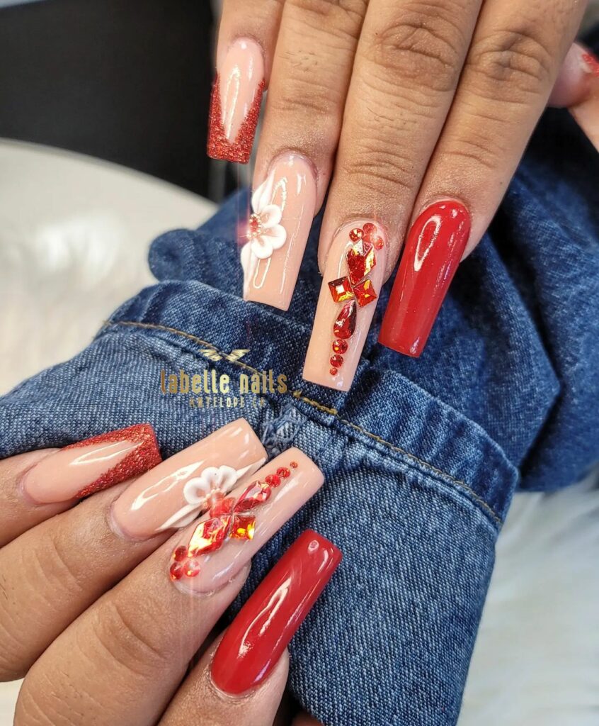 Red Acrylic Nails with Glitter and Gems