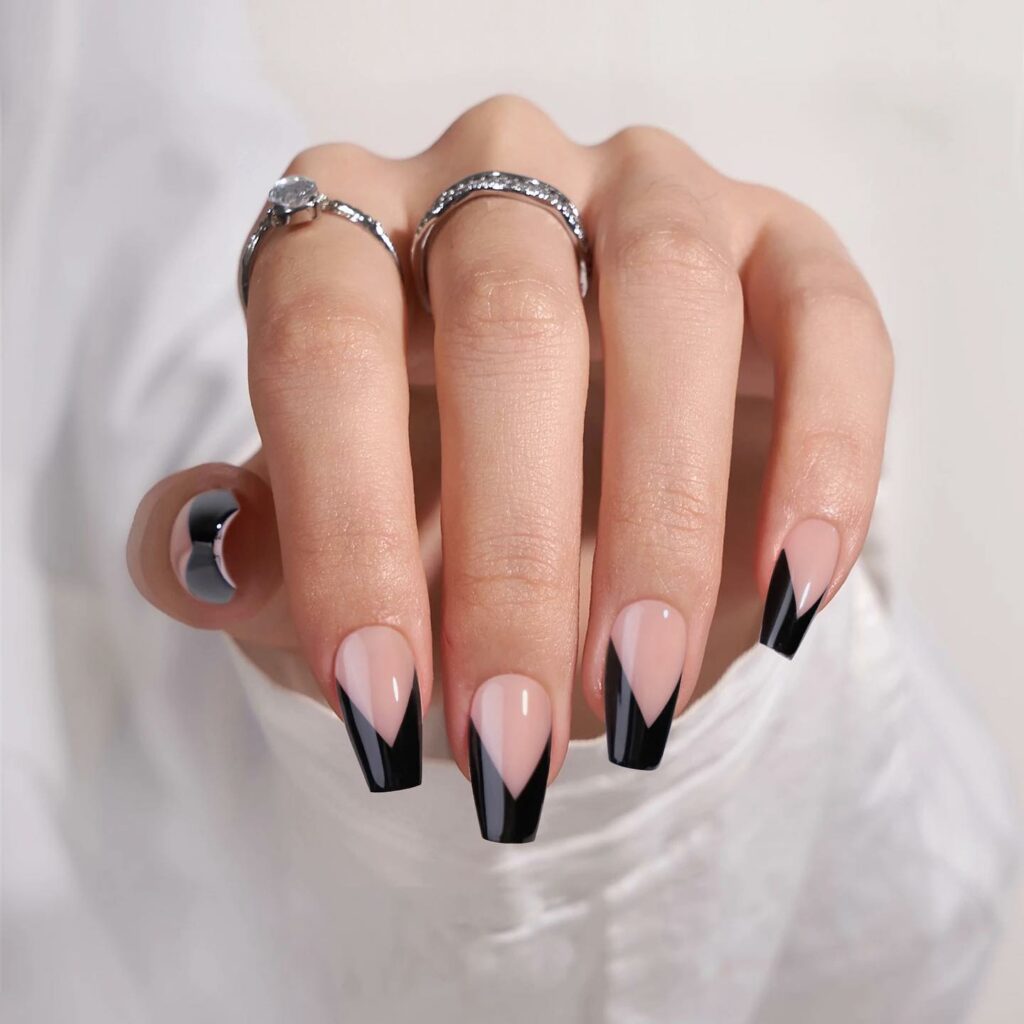 Black Coffin Short French Nails 