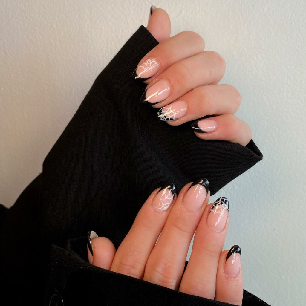 Black Spider Web Tipped Short French Nails
