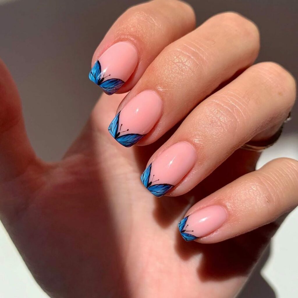 Blue Butterfly Short French Nails