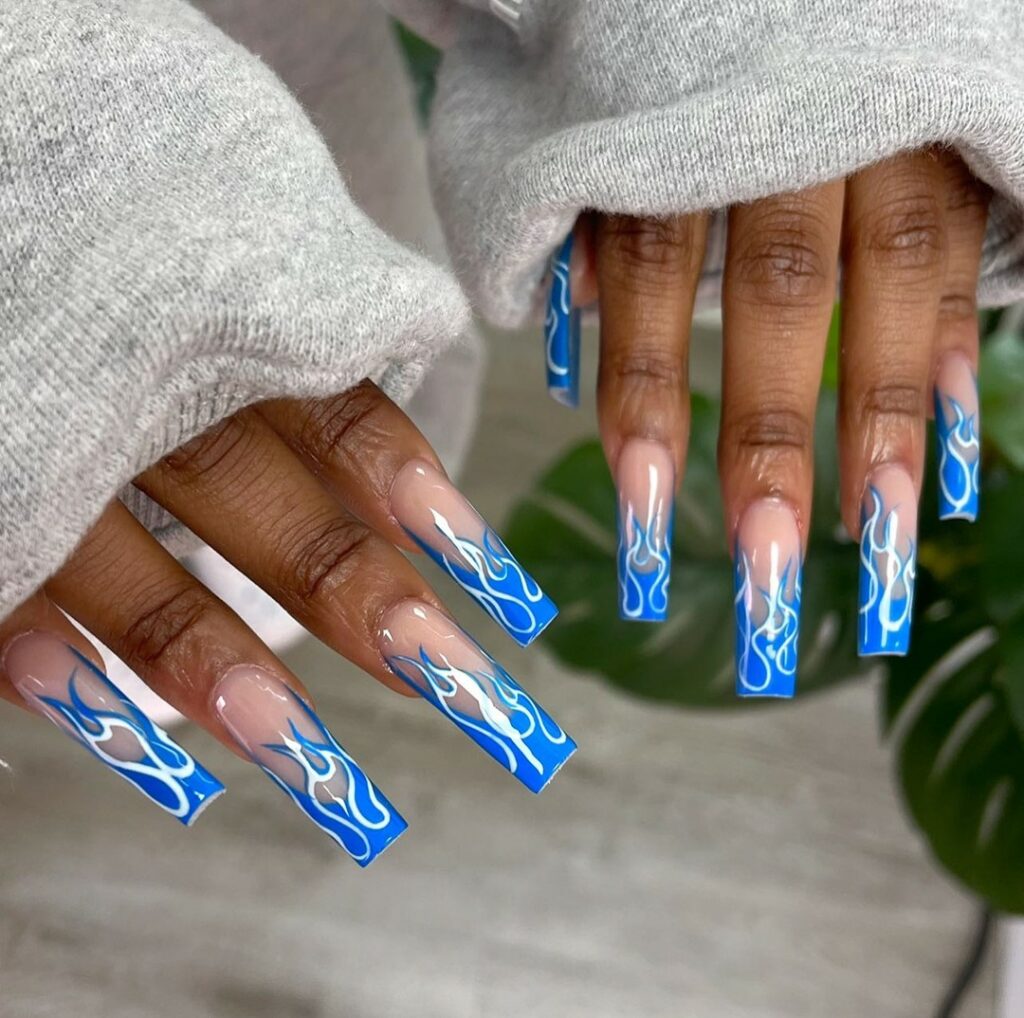 Blue Flames French Nails