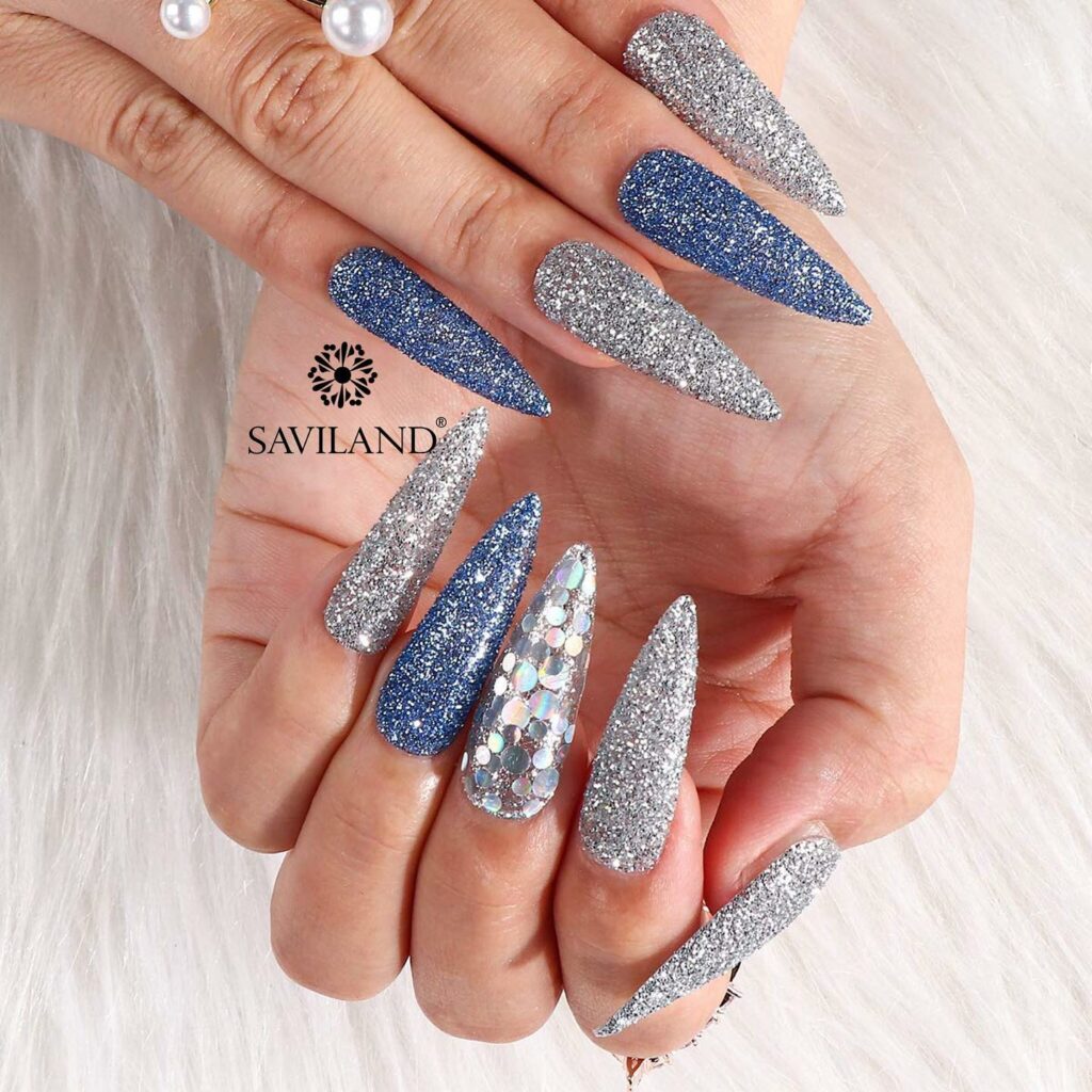 Blue, Silver and White Glitter Nails