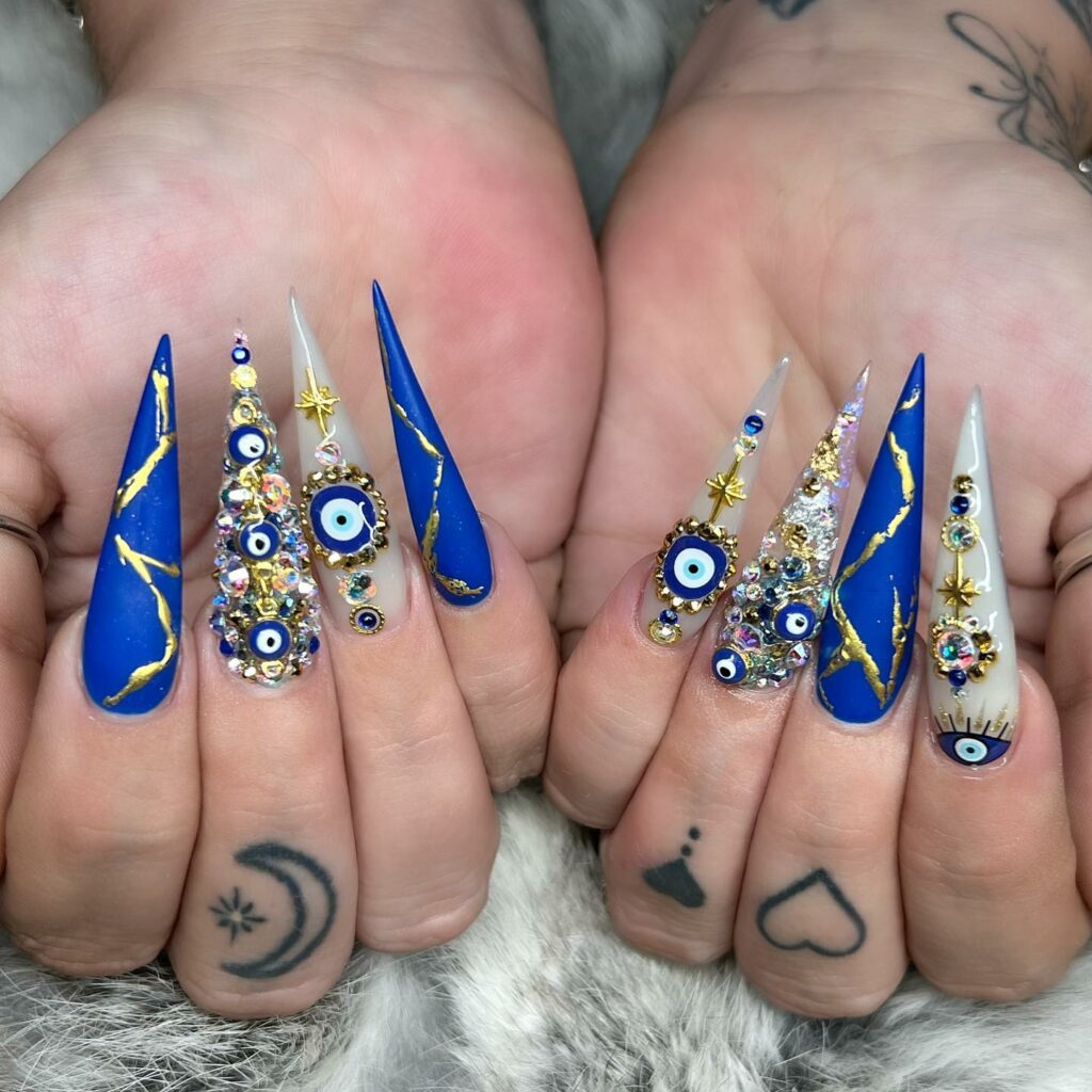 Blue-and-Gold evil eye nails