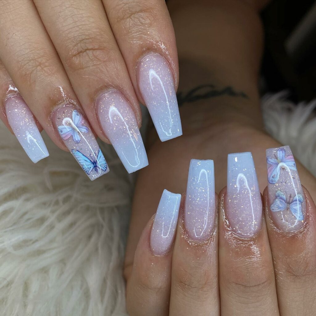 Butterfly White Glitter Nails