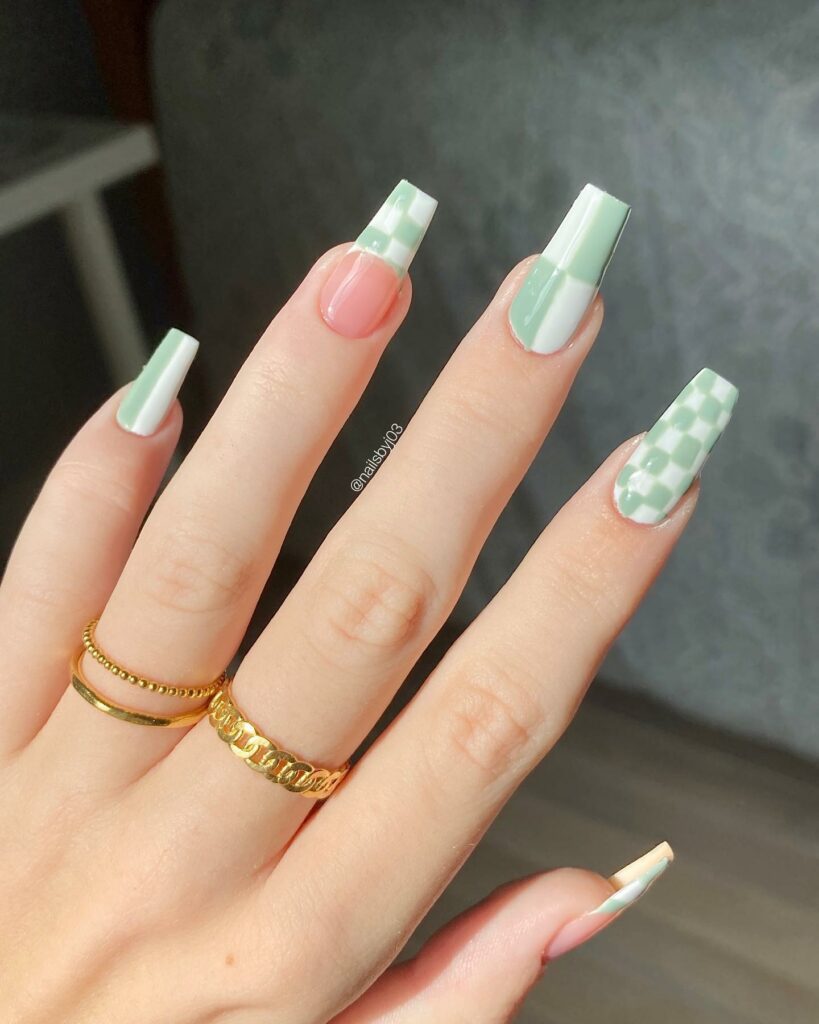 Sage Checkerboard Light Green Nails
