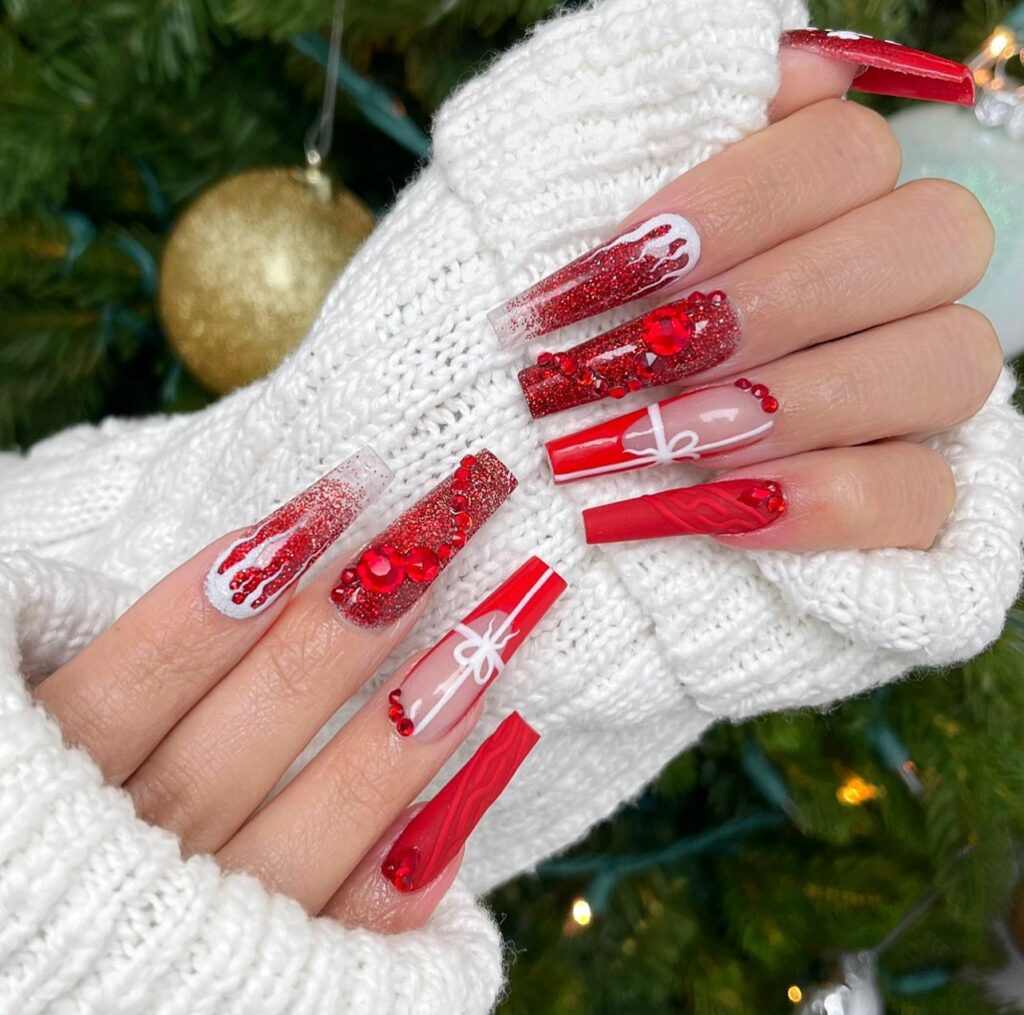 Festive Christmas Red Acrylic Nails