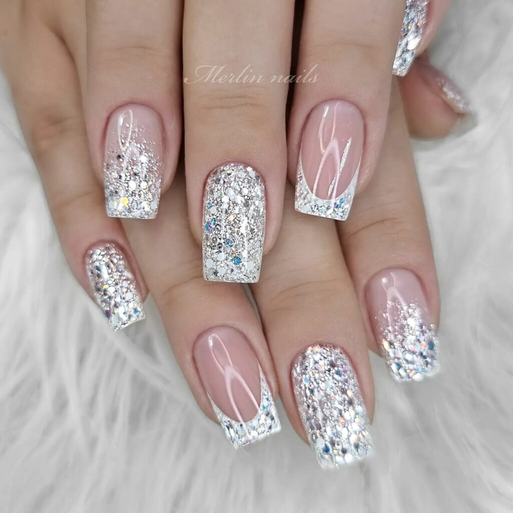 Classic White Glitter Nails