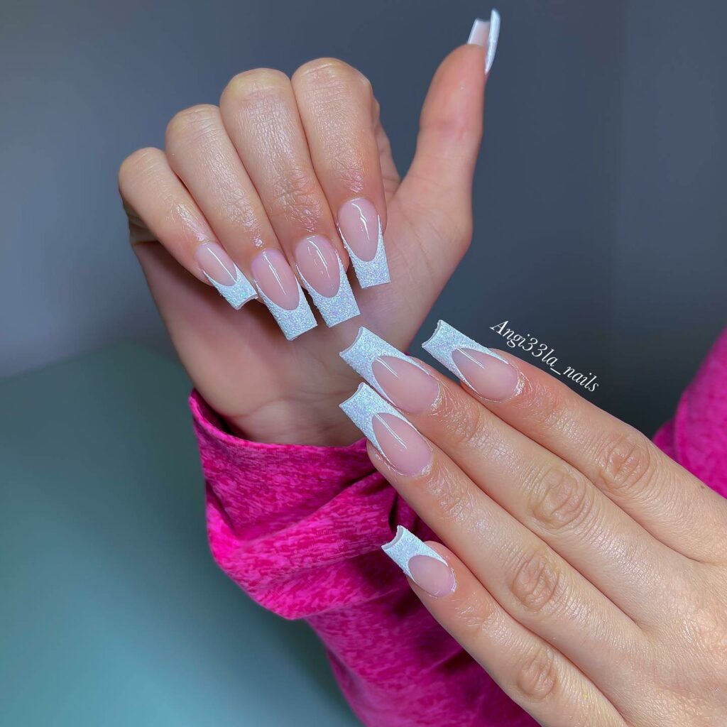 Classic Glitter French White Nails