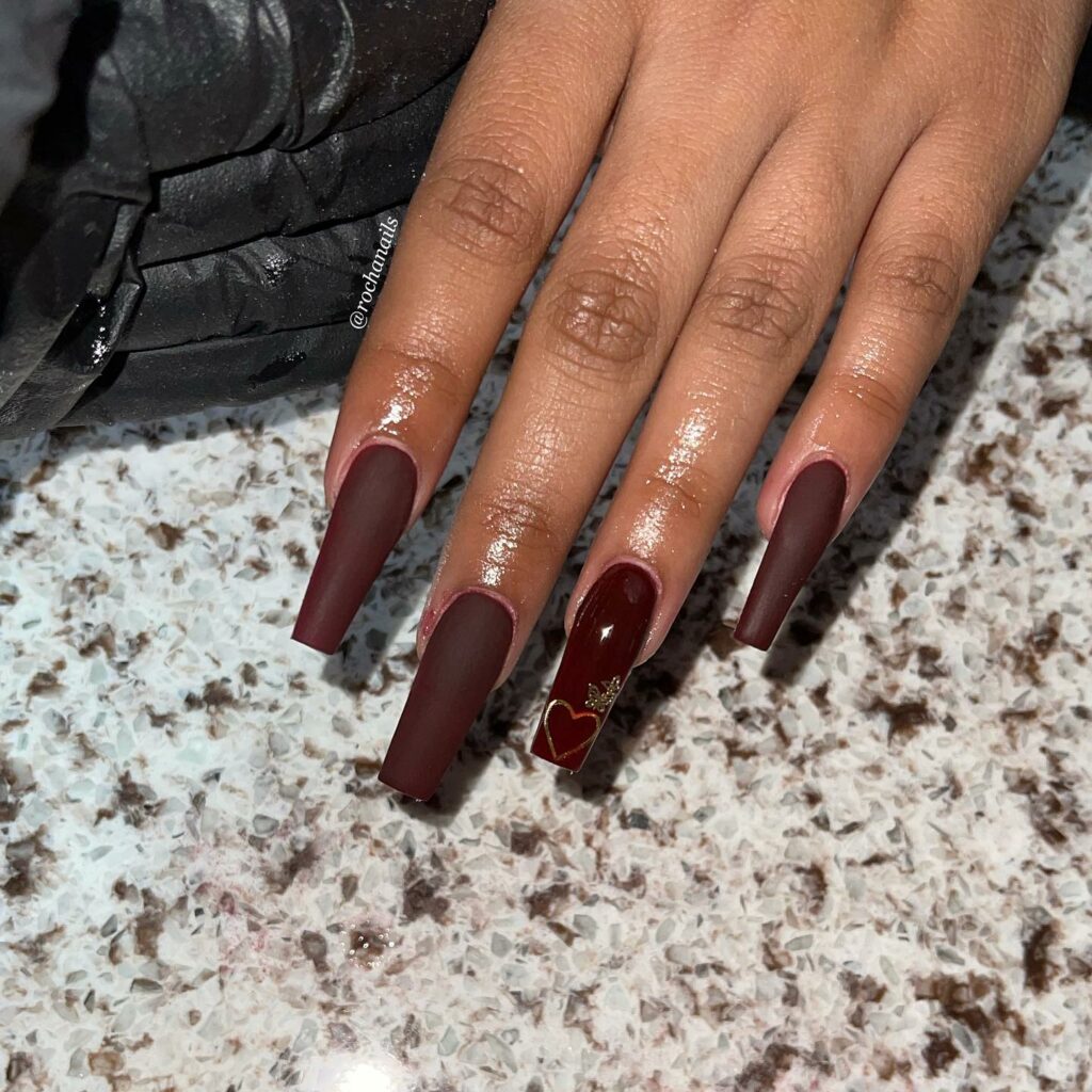Coffin Maroon Nails with Heart Accents