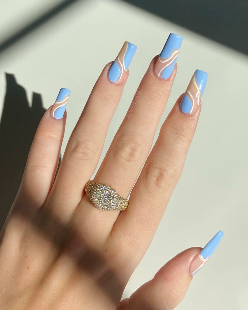 Azure Elegance in Coffin Blue Preppy Nails