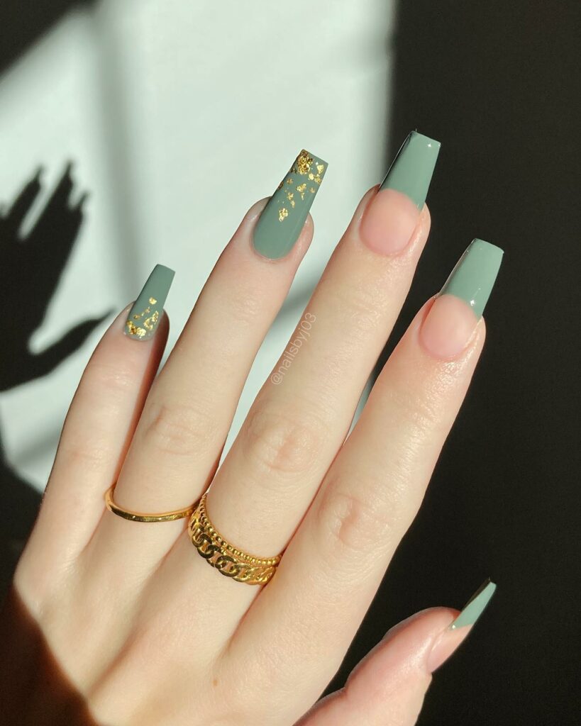 Sage Green Nails Adorned with Gold Foil Accents