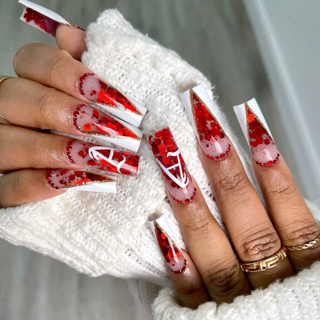 White and Red Acrylic Christmas Nails