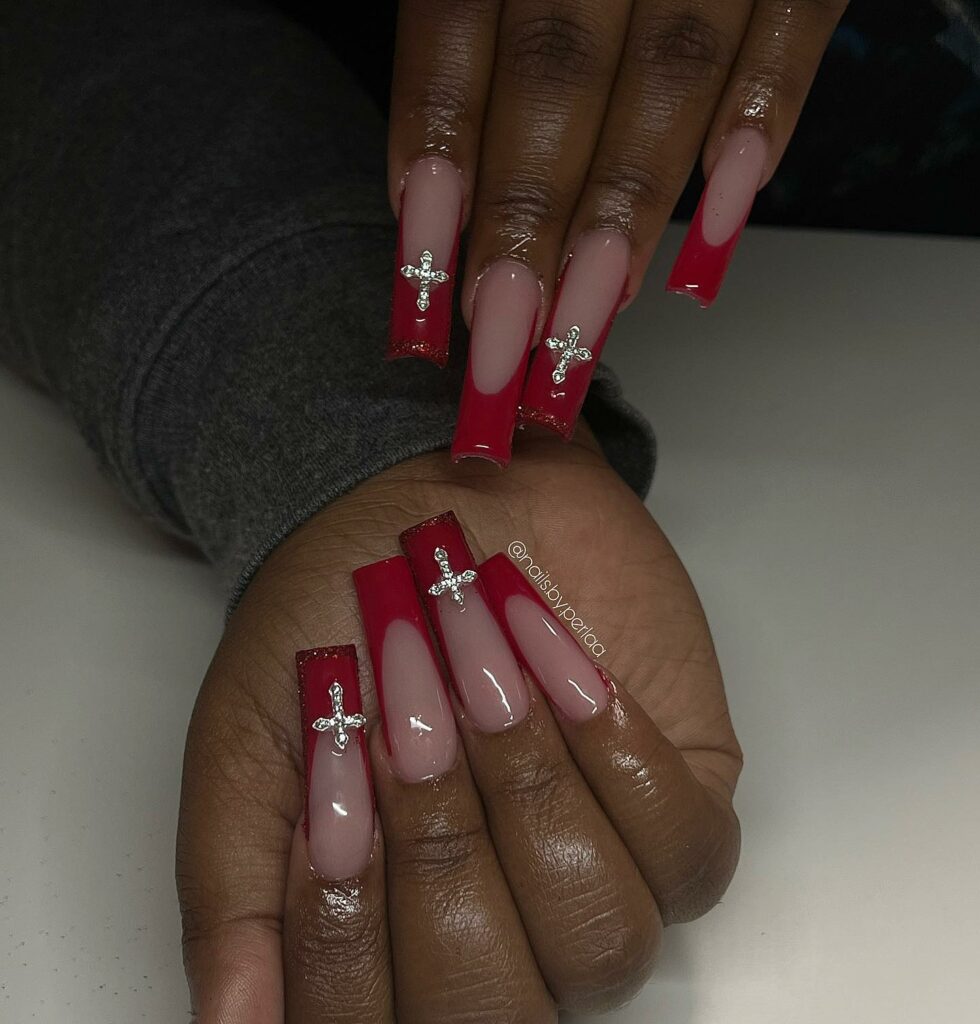Cross and Red Acrylic Nails