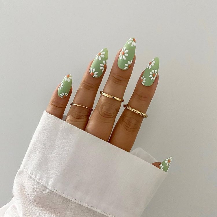 Light Green Sage Nails Graced with Floral Details