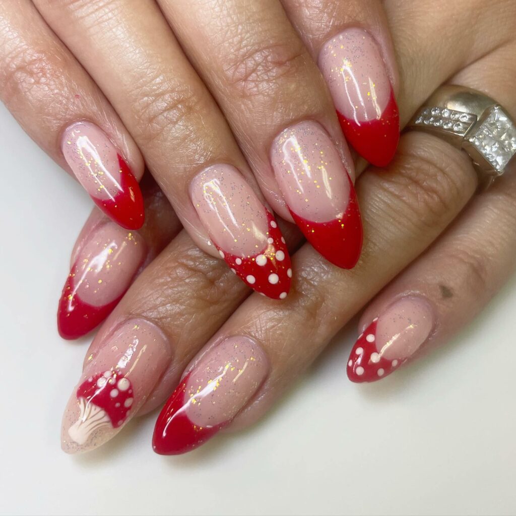 Deep Red Nails with Polka Dot Accents