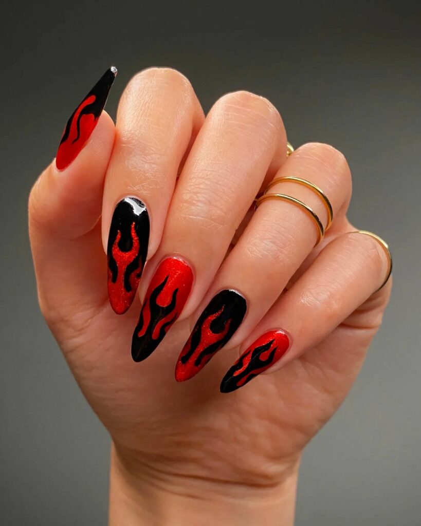 Flames Black and Red nails