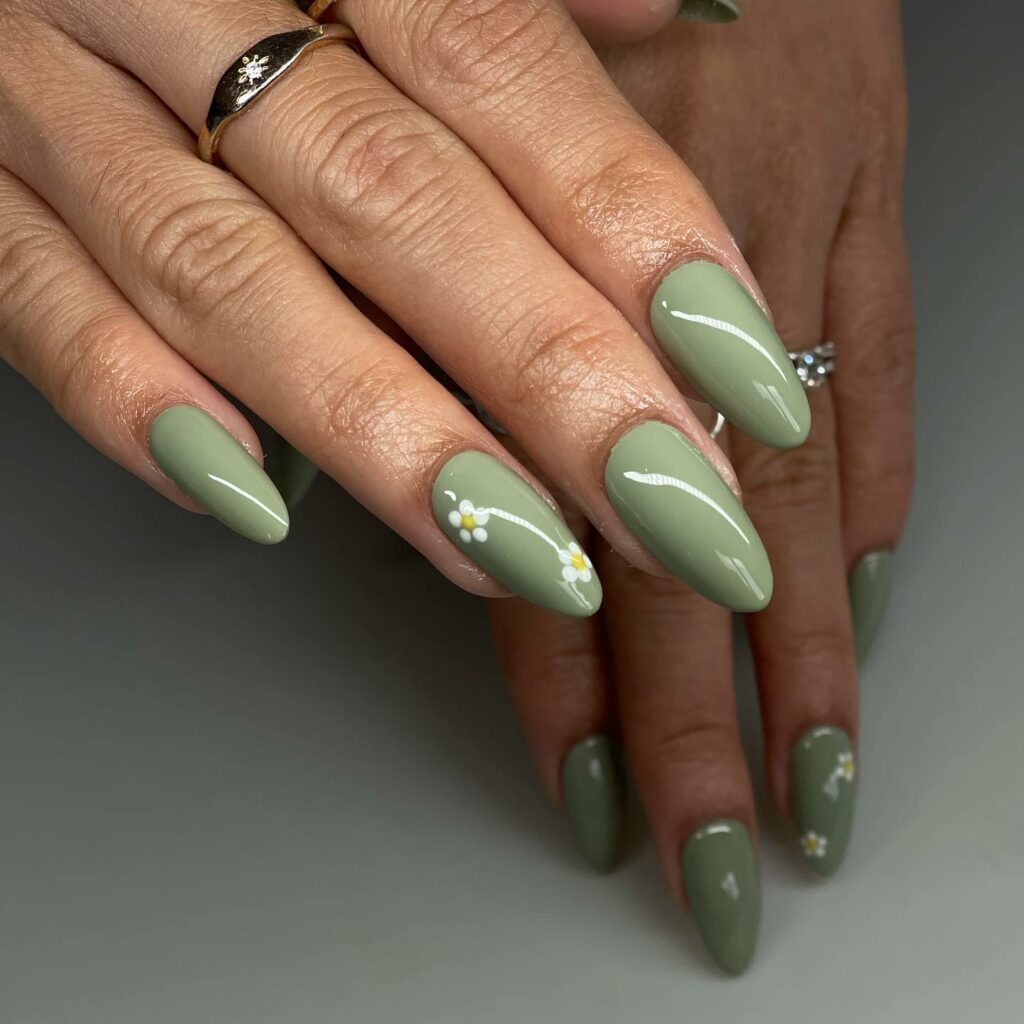 Floral Almond Sage Green Nails