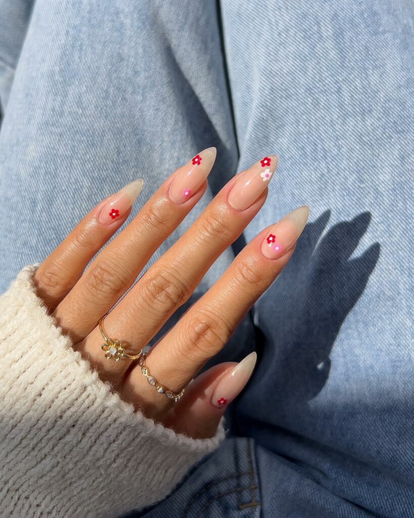 Floral Almond Nude Pink Nails