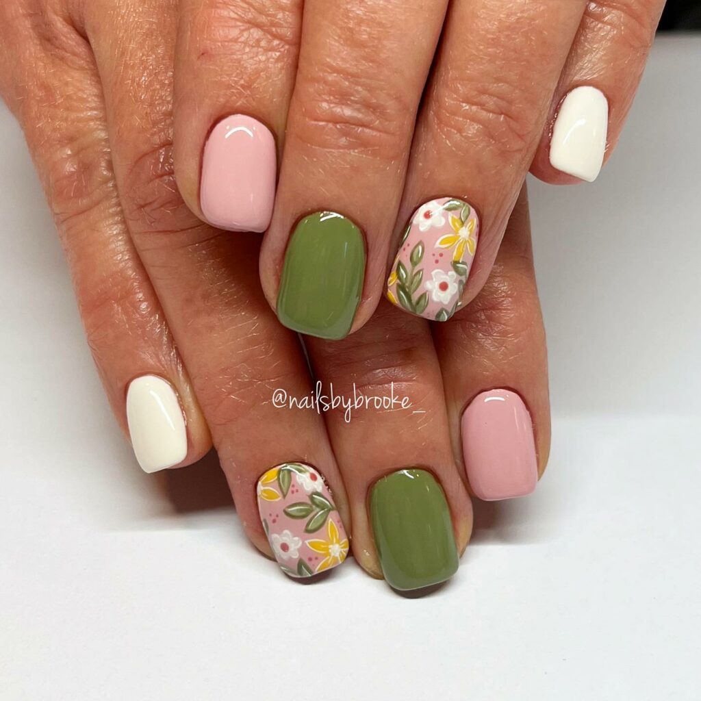 Floral Designs on Olive Green Nails