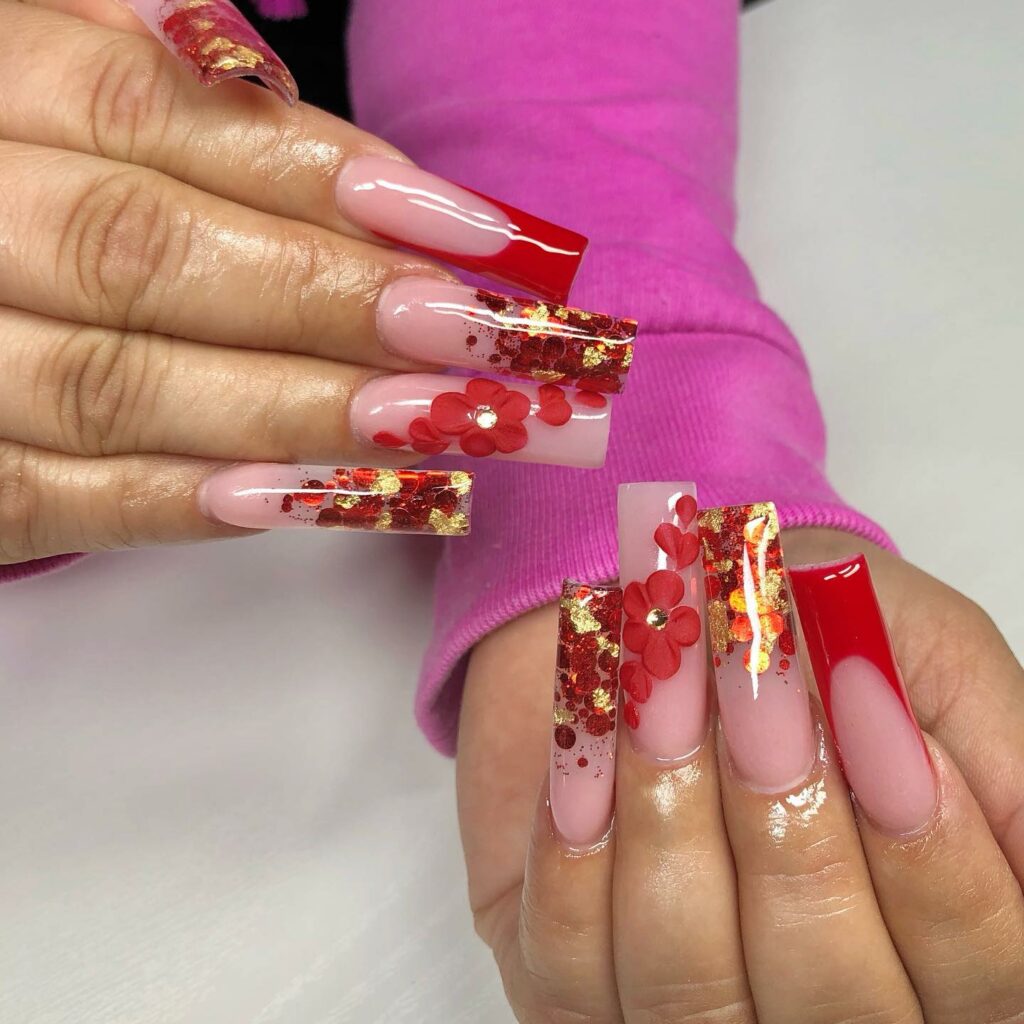 Floral Red Acrylic Nails
