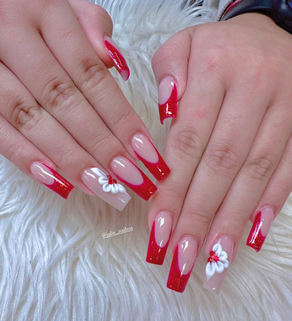 Floral red french nails