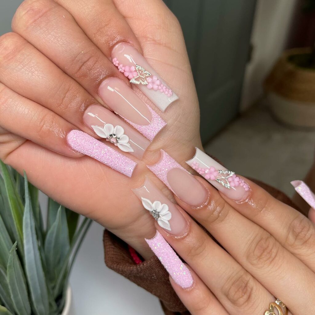 Floral Designs with Pink Tips Acrylic Nails