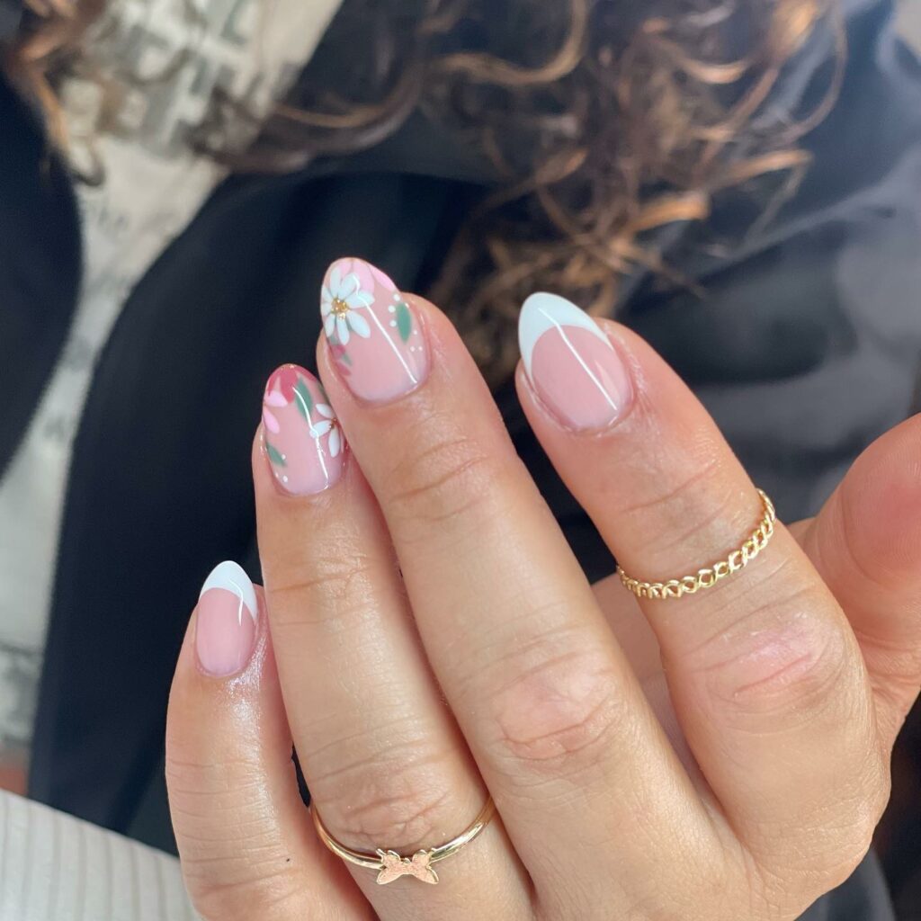 Flowers and white short nails