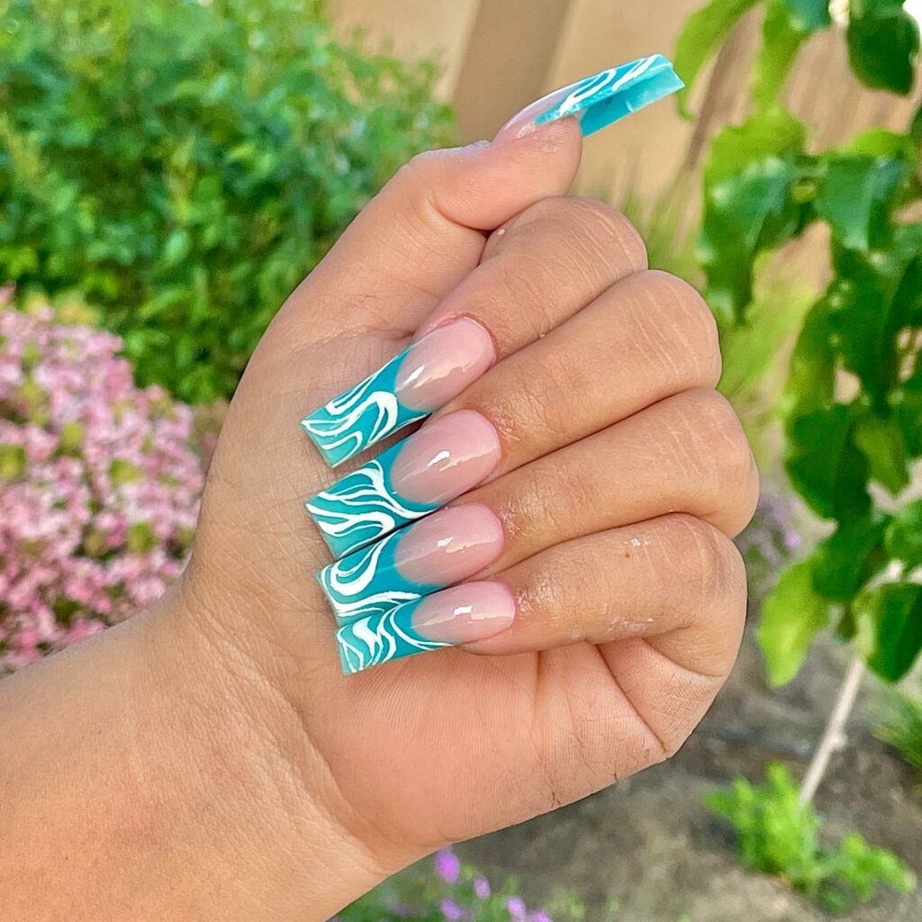 Artistic French Swirl Teal Nails