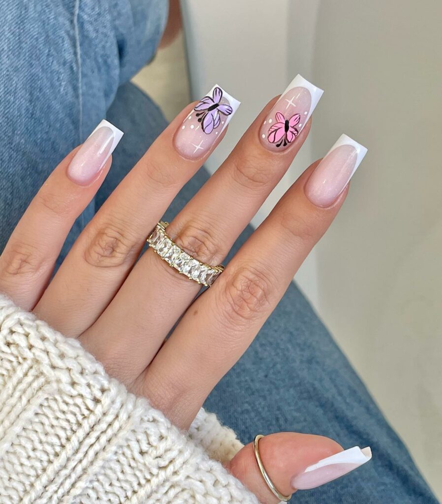 Butterfly-Accented Short French Nails