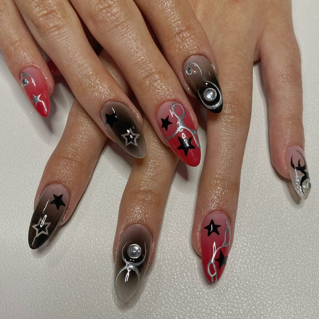 Geometric Black and Red nails