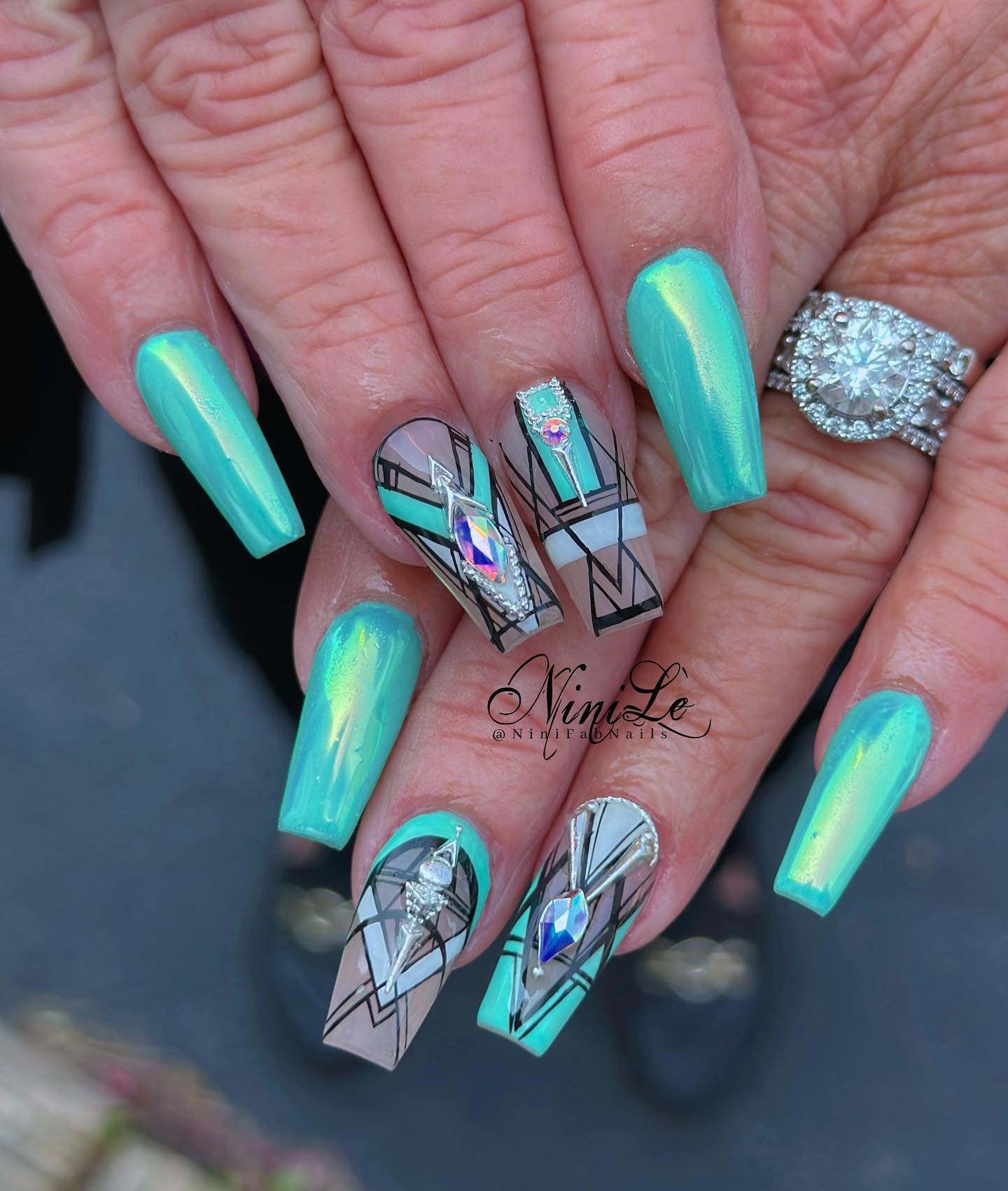 Geometry Teal Nails 