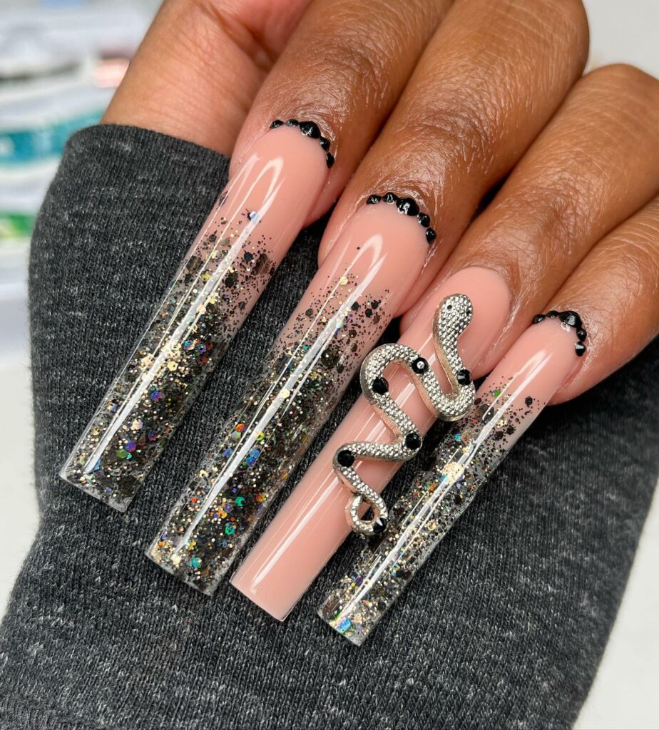 Glistening Artistry: Glitter Black Ombré Acrylic Nails