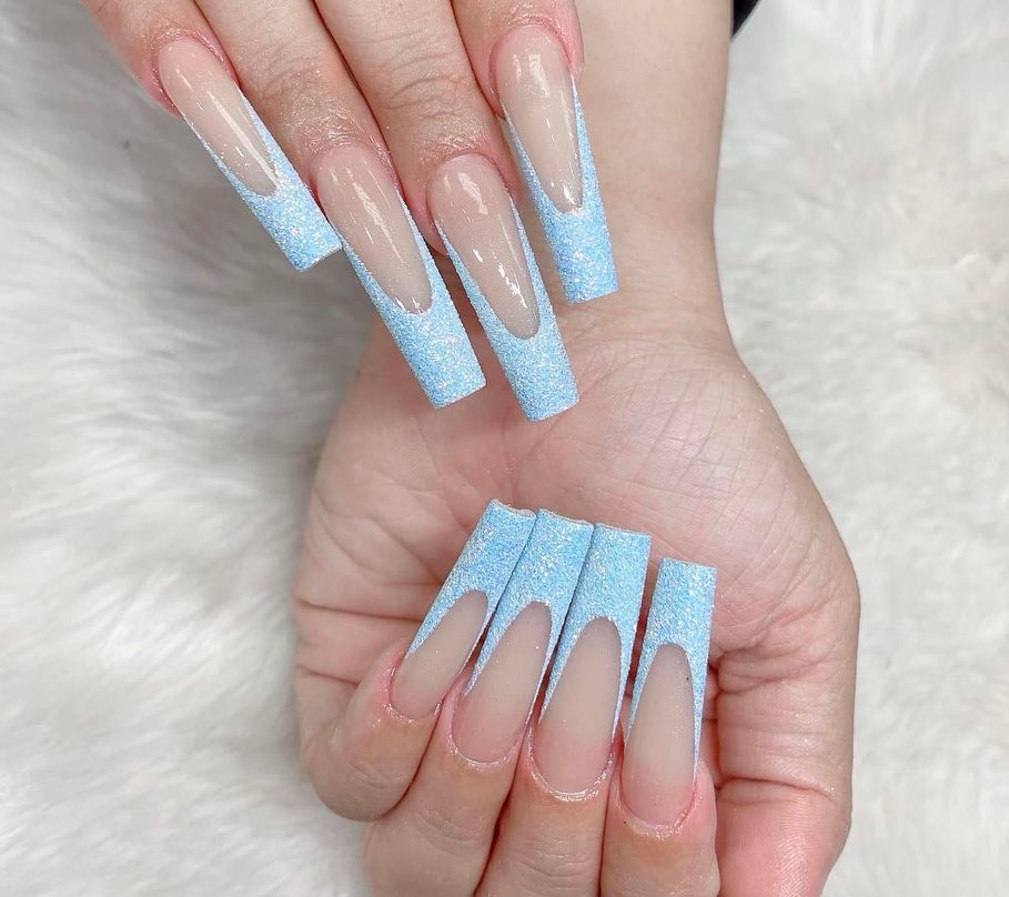 Blue French on Square Acrylic Nails