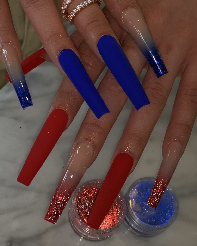Glitter Blue and Red Acrylic Nails