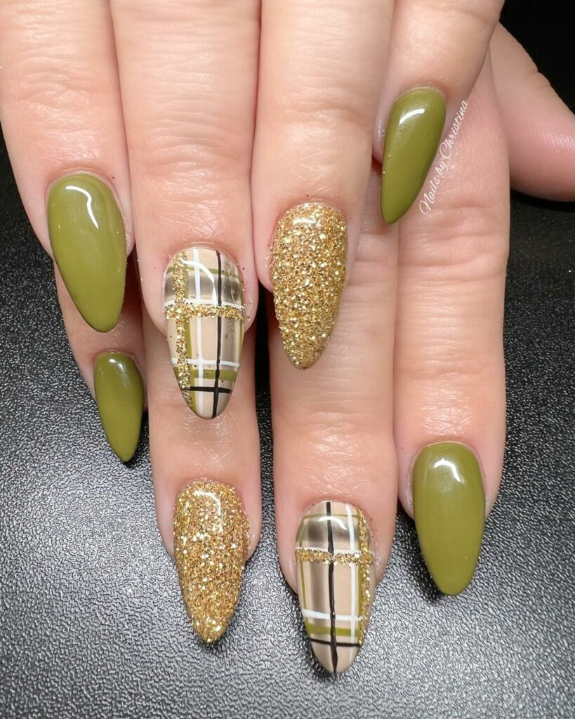 Glitter-Infused Olive Green Nails