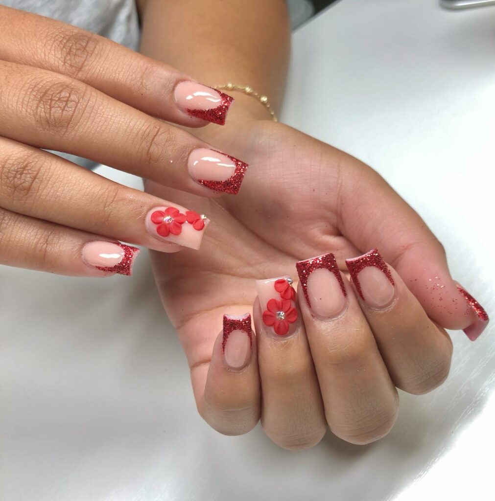Glitter Red French Acrylic Nails