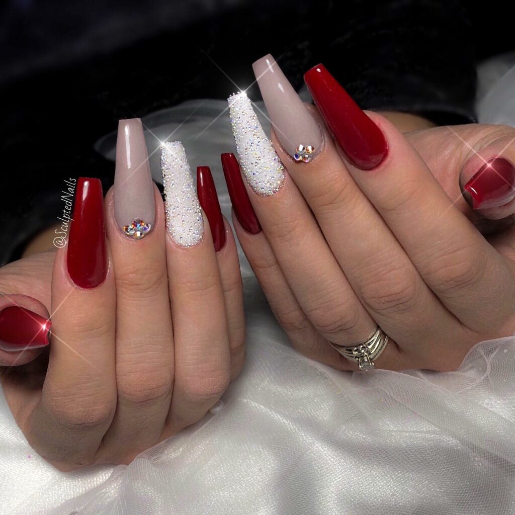Glitter-Infused Red and White Nails