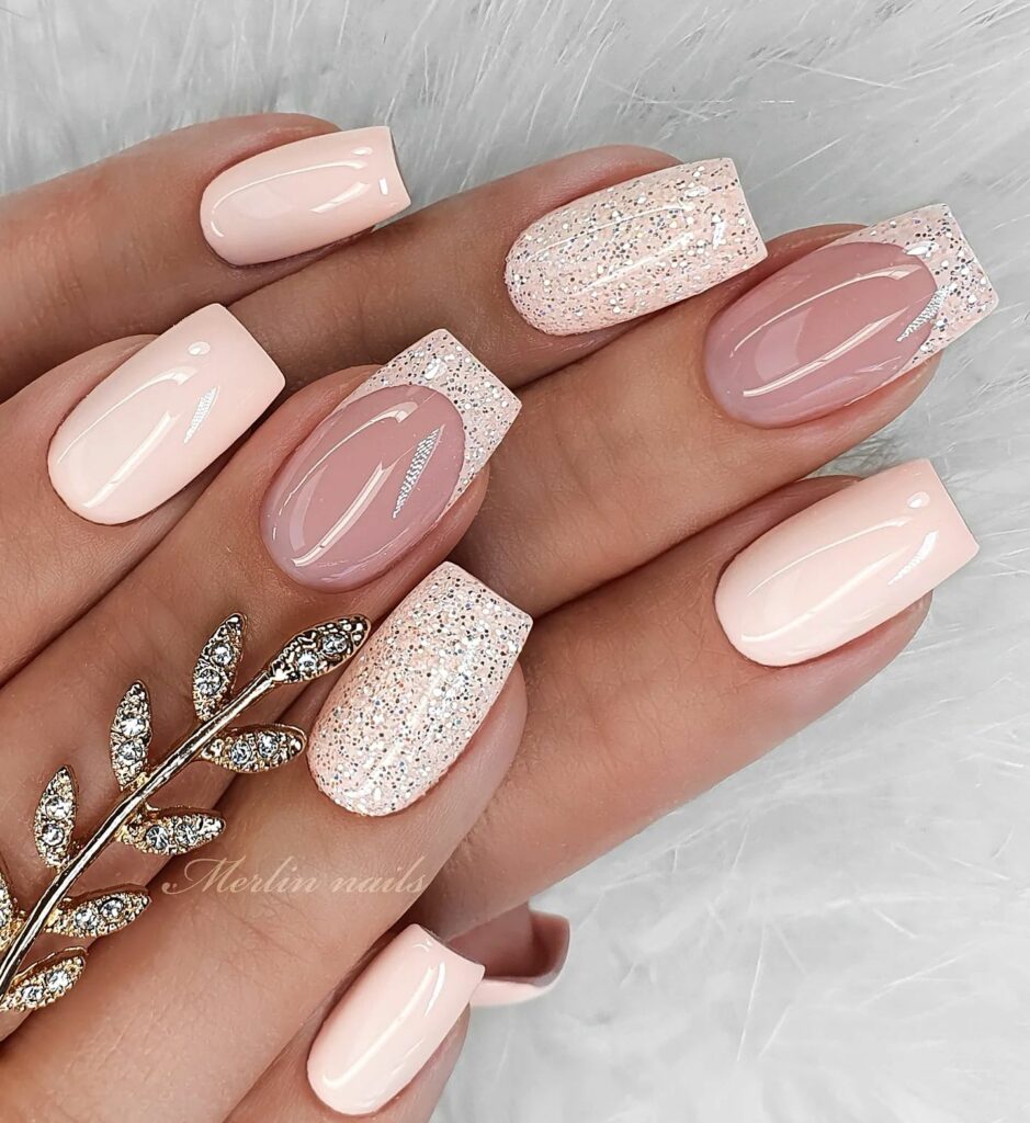 Glitter-Filled Nude Pink Nails