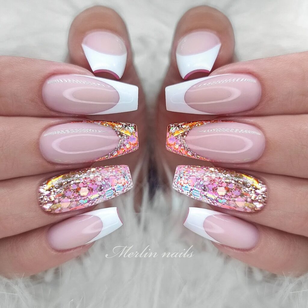 Glitter-Infused Nude Pink Nails