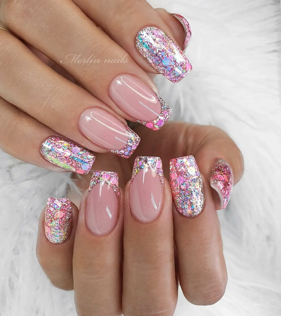 Glitter on Short French Tip Nails