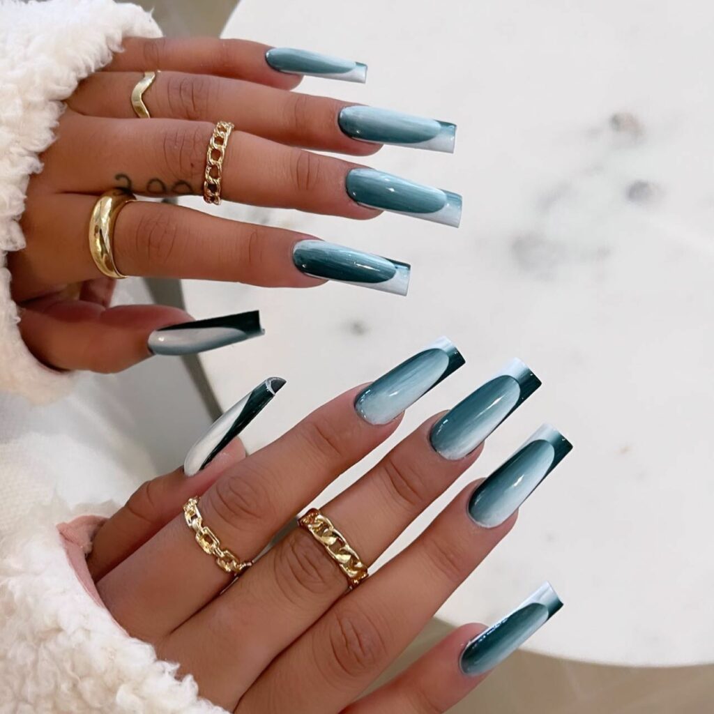Glossy Teal Acrylic Nails with Gradient Tips