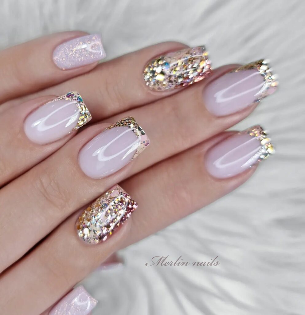 Short Gold French Nails with Glitters