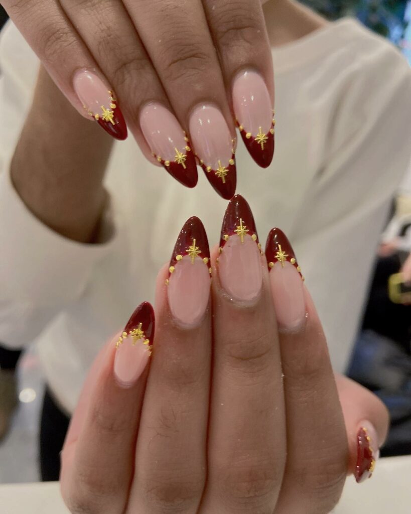 Classic Burgundy and Gold Nails