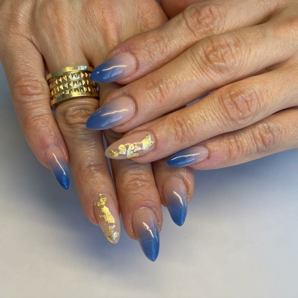 Gold blue ombre nails