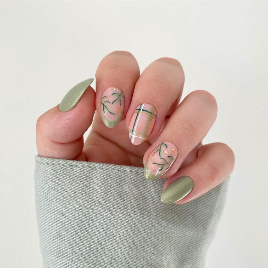 Light Green Nails with Whimsical Olive Accents