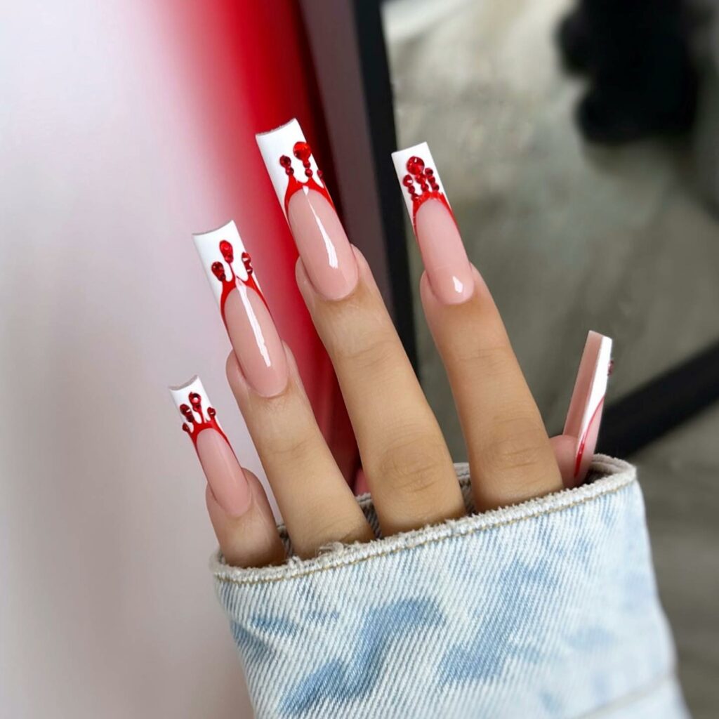 White French Acrylic Nails with Dripping Red